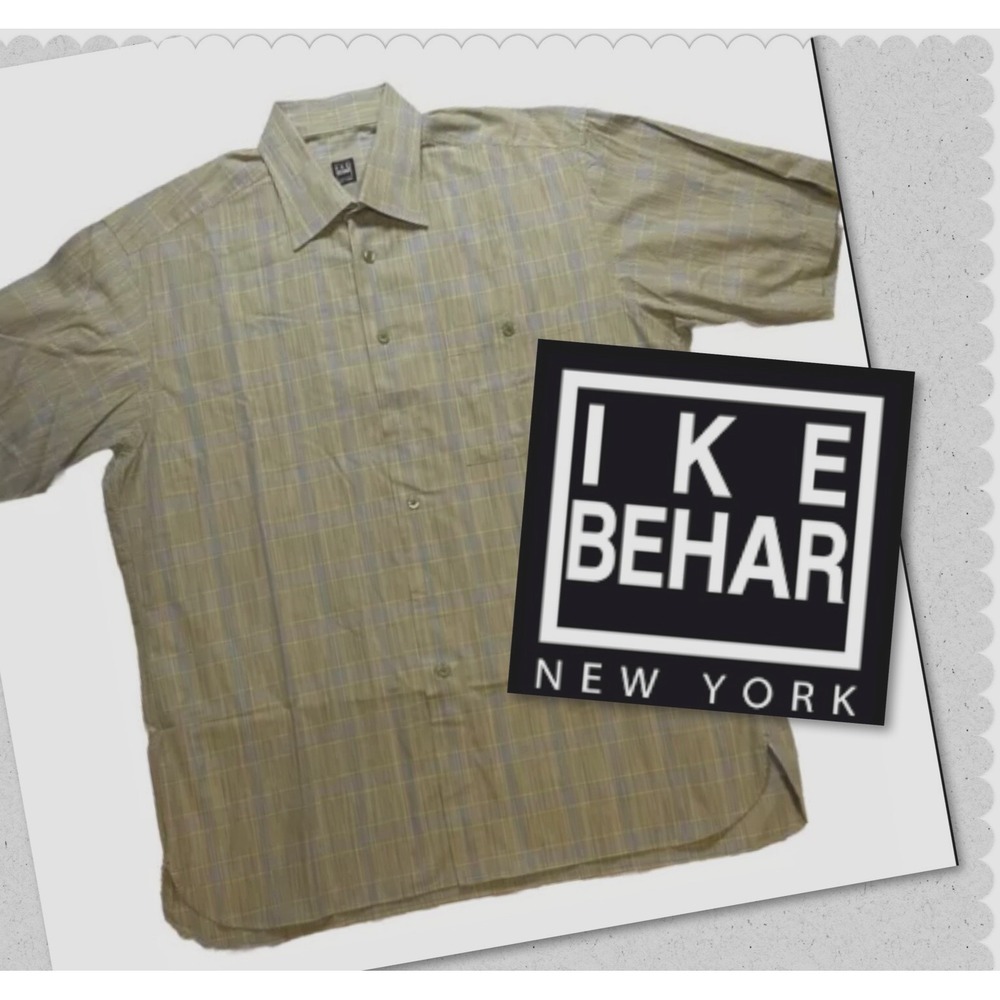 IKE Behar Blue & Green Grid Striped Shirt Men's Large - Short Sleeve Button Up